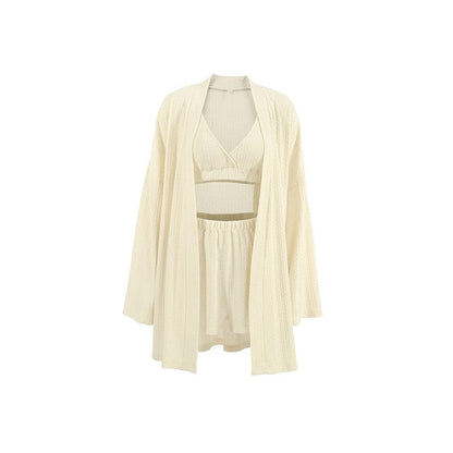 Knitted Bralette, Waist-Tied Cardigan, and Shorts Set - Solid Color Loungewear