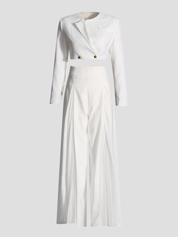 Long Sleeves Buttoned Solid Color Split-Joint Round-Neck Blazers Top + Zipper Wide Leg Mesh Pleated Pants Bottom Two Pieces Set