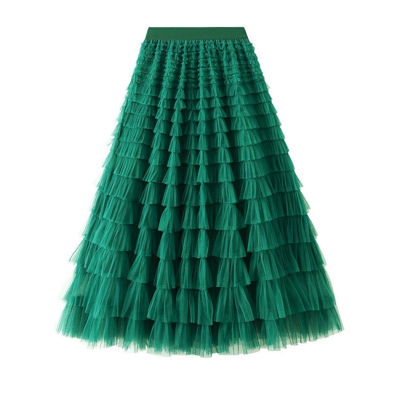 Layered Ruffled A-Line Mesh Cake Skirt with Elastic Waist - Solid Color