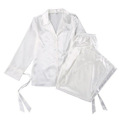 Solid Color Long Sleeve Lapel Buttoned Blouse and Side Slit Pants Two-Piece Homewear Pajama Set