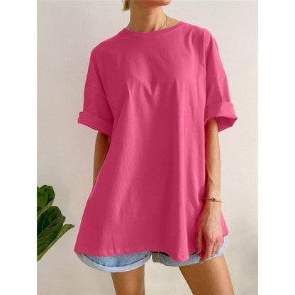 Casual Loose Crewneck T-Shirt with Side Slit - Solid Color