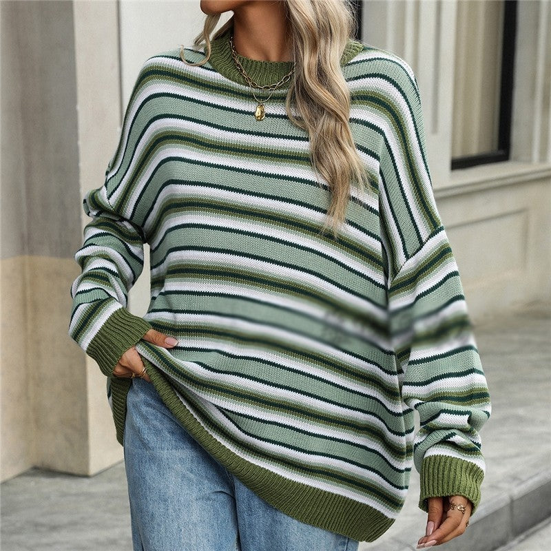 Long Sleeve Crewneck Contrast Color Striped Casual Loose Knitted Sweater