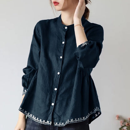 Solid Color Loose Fit Plus Size Stand Collar Shirt