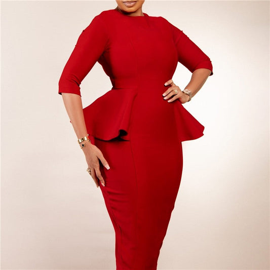 Ruffle Hem Solid Color Bodycon Dress for Office Wear