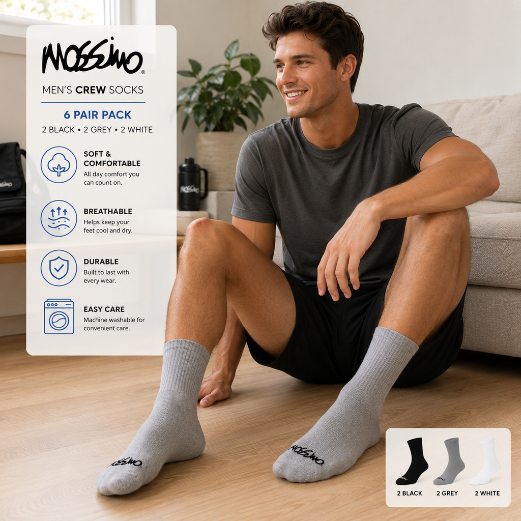 Mossimo Men's Crew Socks 6-Pair Pack – Black, Gray & White Cushioned Crew Socks | Size 10-13, Everyday Athletic & Casual Wear