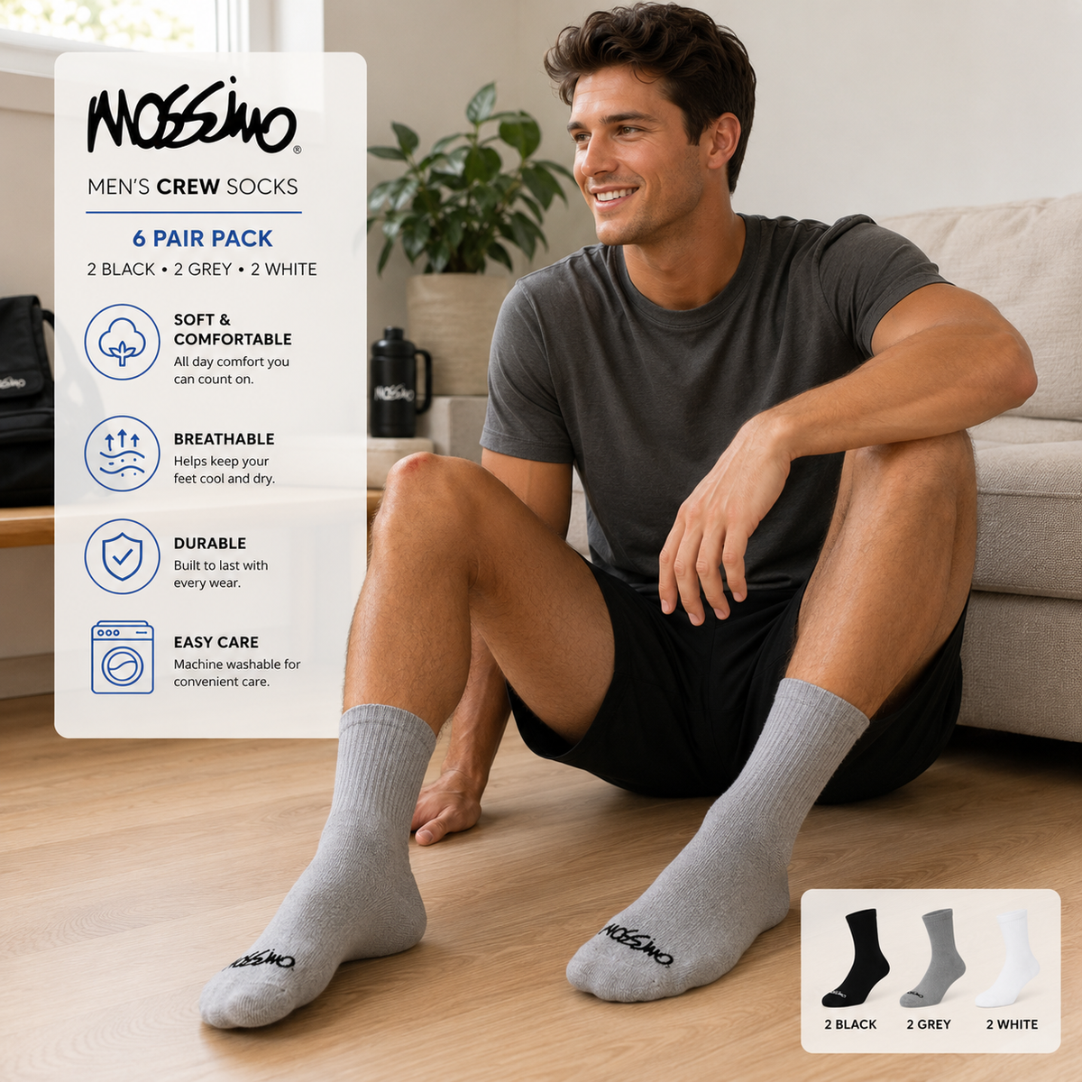 Mossimo Men's Crew Socks 6-Pair Pack – Black, Gray & White Cushioned Crew Socks | Size 10-13, Everyday Athletic & Casual Wear