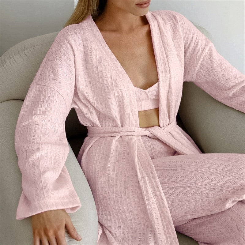 Casual Loose Knitted Solid Color Bralette and Long Sleeve Sweater with Waist Tie, Outerwear, and Pants Three-P