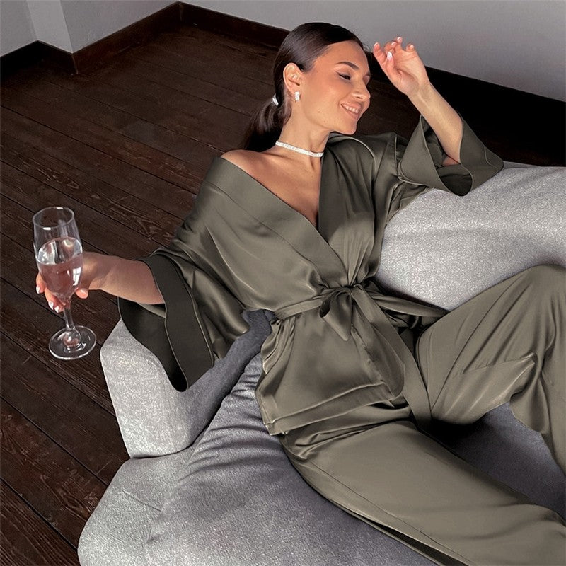 Solid Color Satin Lace-Up Robe and Pants Set