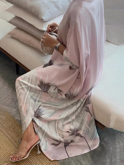 Long Sleeve Buttoned Muslim V-Neck Midi Dress with Contrast Color Flower & Leaves Print