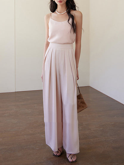 High Waisted Wide Leg Elasticity Pleated Solid Color Pants Trousers