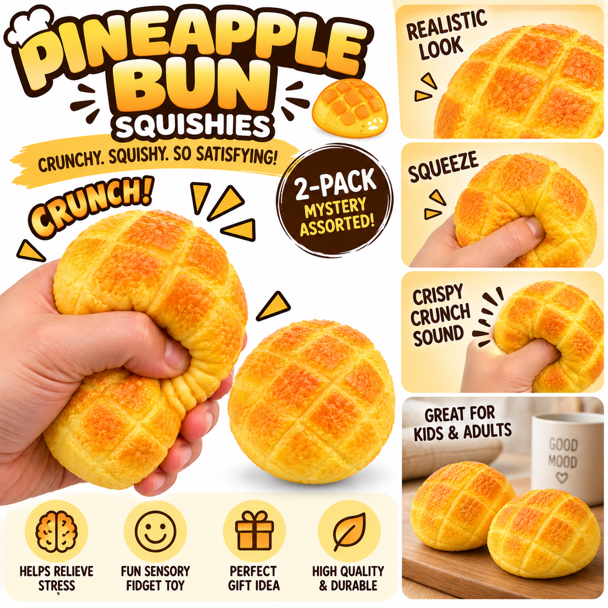 Crunchy Squishies Pineapple Bun Squeeze Toy 2-Pack – Crispy Crunch Sound Stress Balls | ASMR Sensory Fidget Toys for Adults & Kids | Realistic Bolo Bao Bread Squishies
