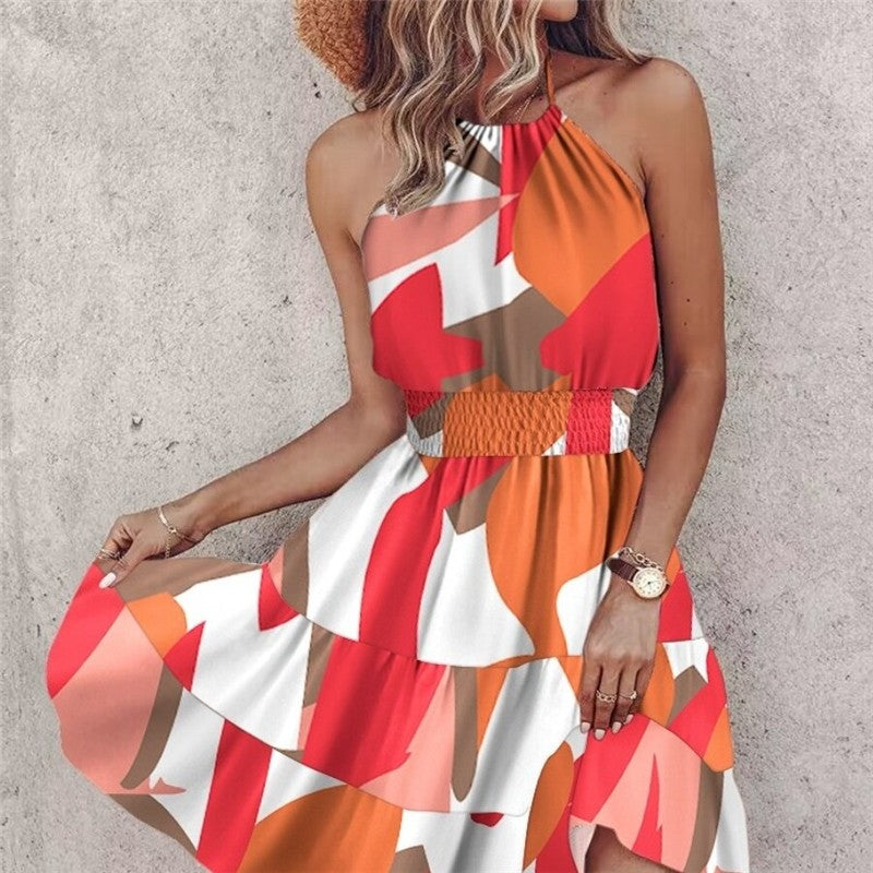 Stylish Off-Shoulder Halter Neck Print Dress