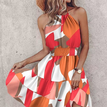 Stylish Off-Shoulder Halter Neck Print Dress