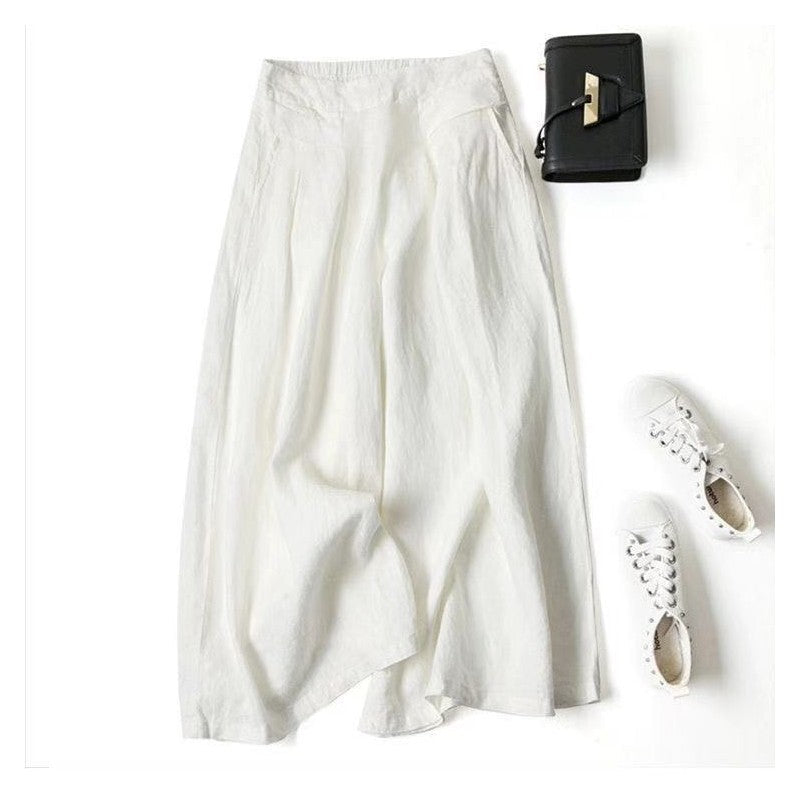Solid Color Half Elastic Waist Wide Leg Ramie Cotton Pants