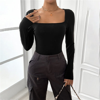 Square Neck Long Sleeve Solid Color Bodysuit Rompers