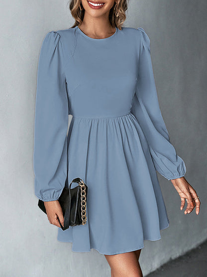 A-Line Bishop Sleeve Backless Elasticity Hollow Pleated Solid Color Tied Round-Neck Mini Dresses