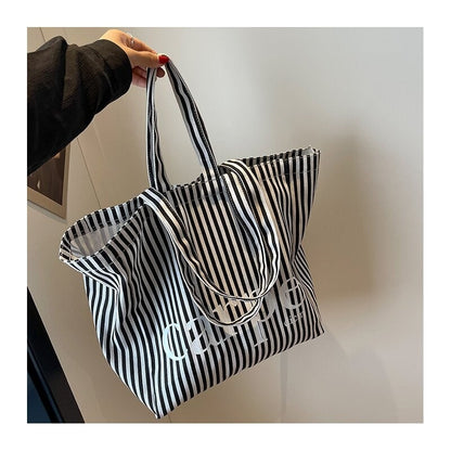 Striped Letter Canvas Tote Bag with Large Capacity