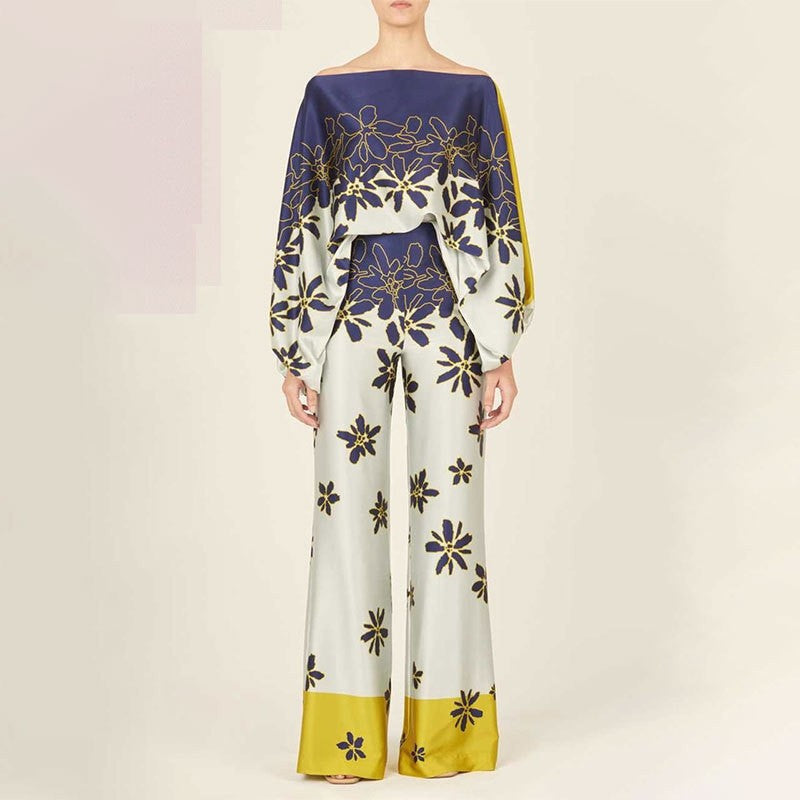 Printed Batwing Sleeve Top with Wide Leg Pants Set