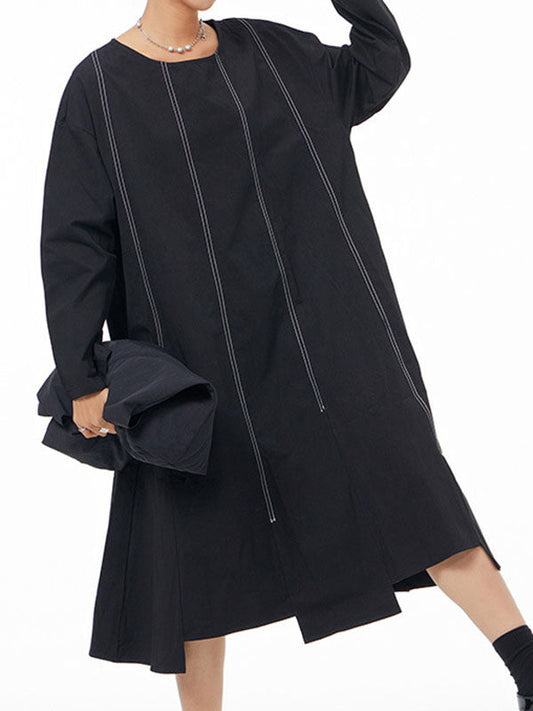 Irregular Clipping Long Sleeves Split-Joint Round-Neck Midi Dresses