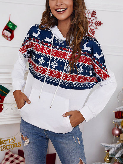 Long Sleeves Loose Animal Printed Drawstring Hooded Pockets Split-Joint Round-Neck Hoodies Tops