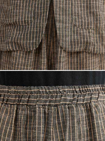 Vintage Ramie Cotton Notched Collar One Button Suits+Column Pants 2 Pieces Set