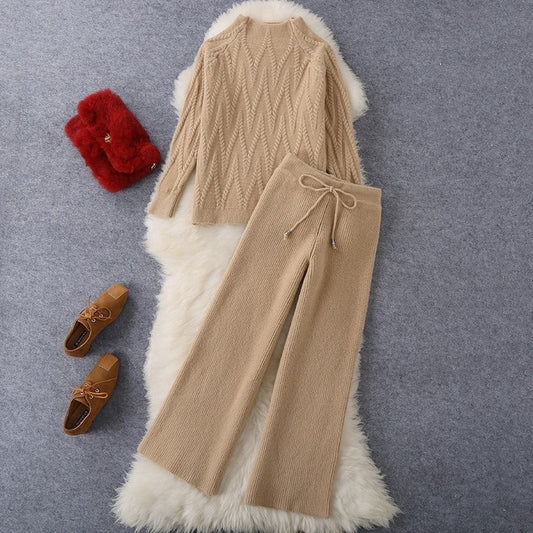 Solid Color Jacquard Long Sleeve Top And Pants Knit Set