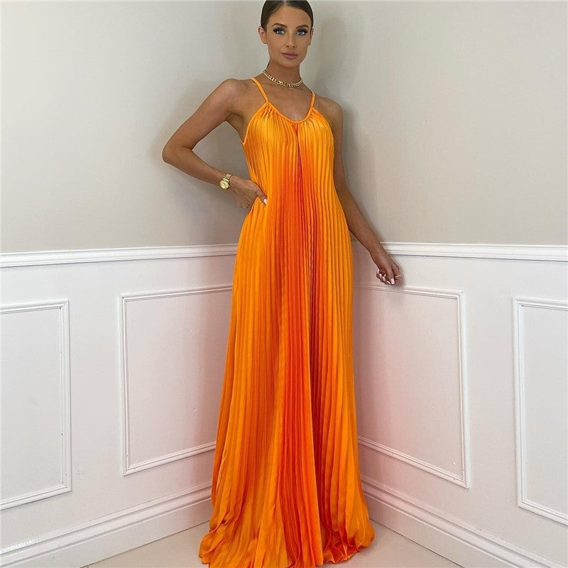 Chic Pleated Maxi Halter Dress