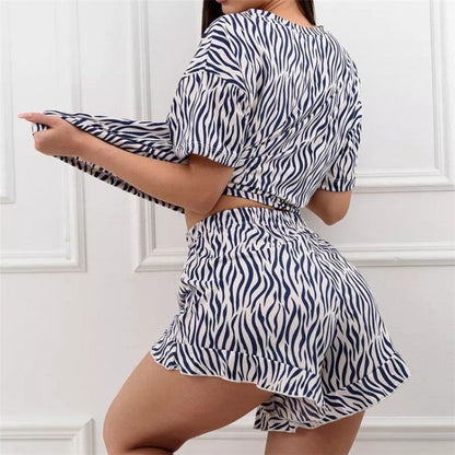 Leaf Print Hem Short Sleeve Pajama Set