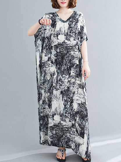 Ethnic Printed Vintage Plus Size V-Neck Loose Casual Dress