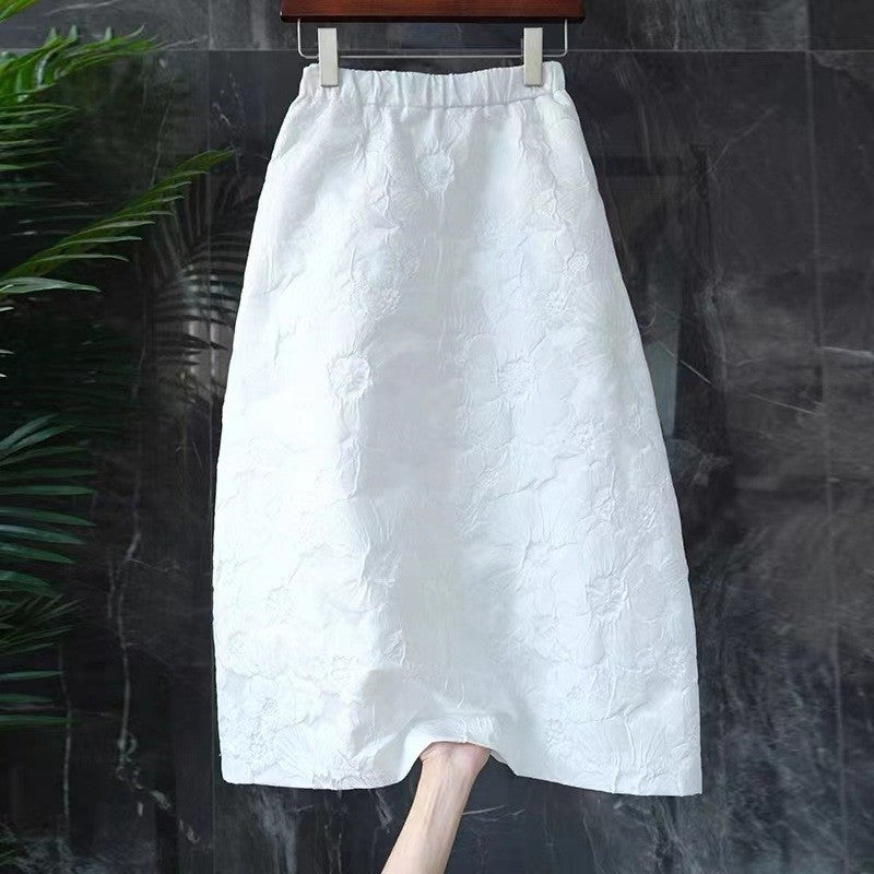 Solid Color Elastic Waist A-Line Jacquard Skirt