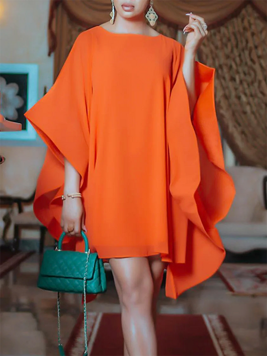 Loose-Fit Batwing Sleeve Mini Dress in Solid Color with Round Neck