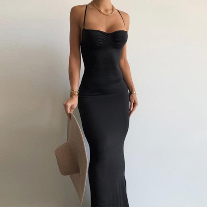 Halter Neck Backless Swing Dress in Solid Color