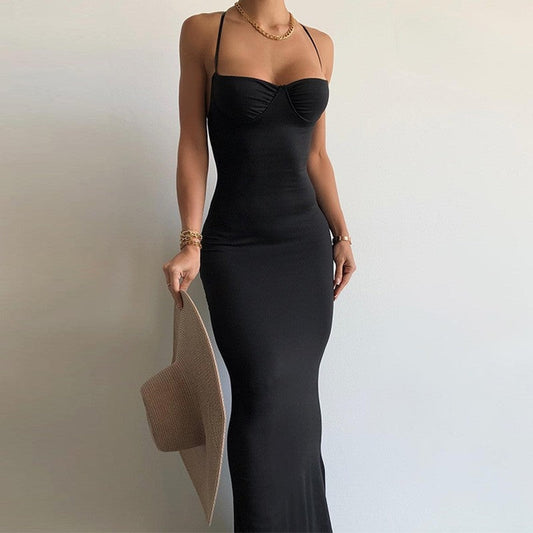 Halter Neck Backless Swing Dress in Solid Color