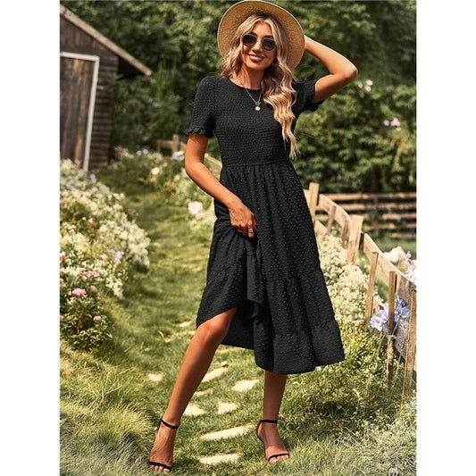 Solid Color Short Sleeve Round Neck Midi Dress for Women