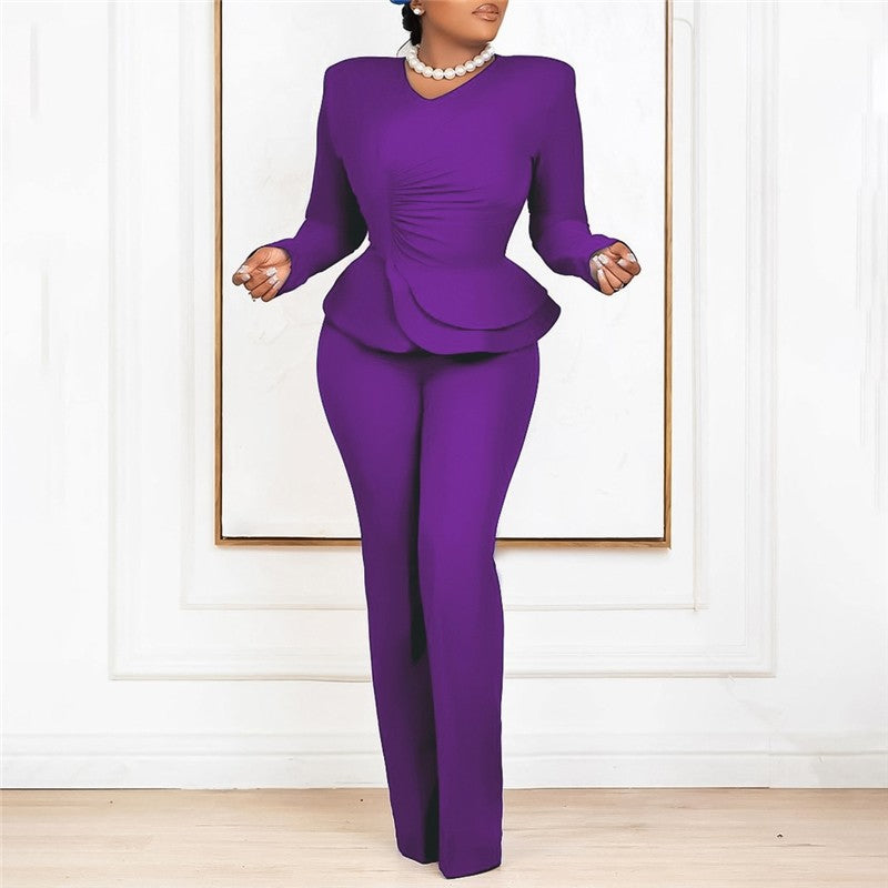 Solid Color Ruffle V-Neck Two-Piece Set