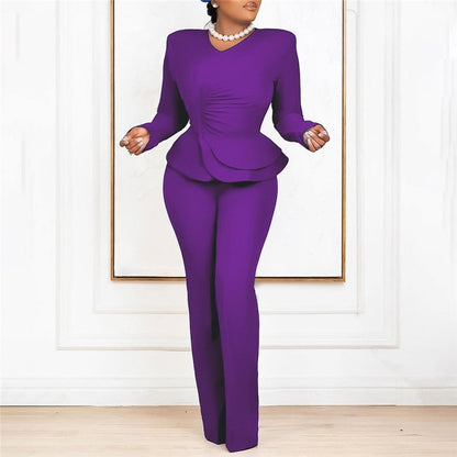 Solid Color Ruffle V-Neck Two-Piece Set