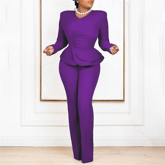 Solid Color Ruffle V-Neck Two-Piece Set