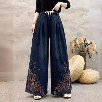 Embroidered Floral High Waist Belted Wide Leg Pants