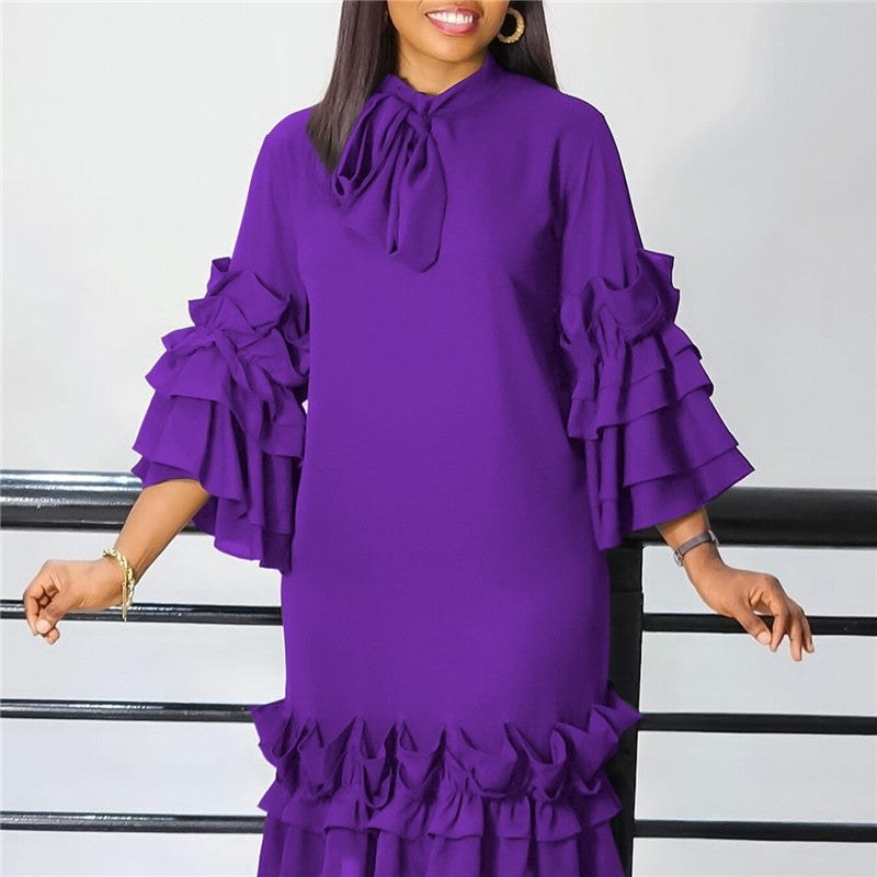 Stylish Ruffle Hem Trumpet Sleeve Dress