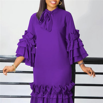 Stylish Ruffle Hem Trumpet Sleeve Dress