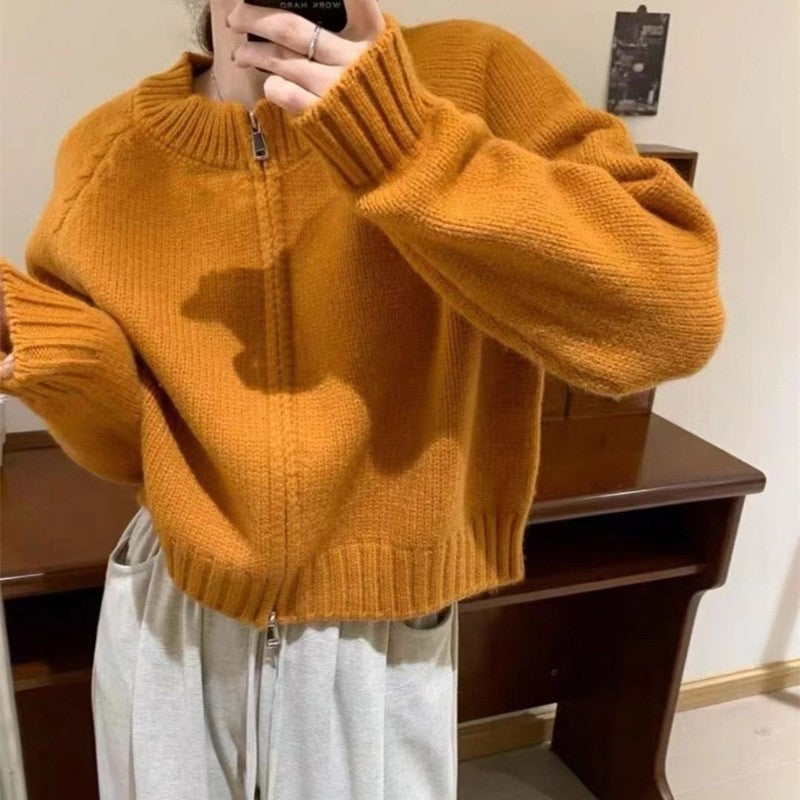 Solid Color Long Sleeve Crewneck Zipper Knitted Cardigan Sweater