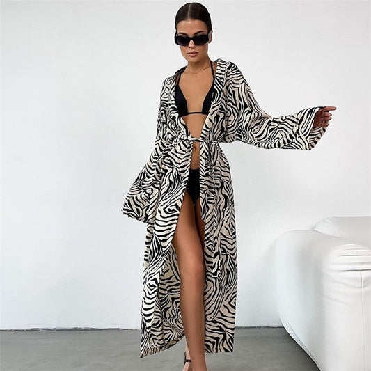 Leopard Print Long Sleeve Waist-Tie Night Robe Lounge Wear