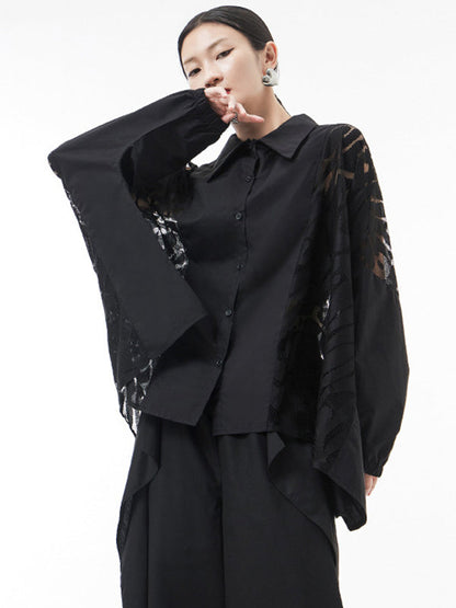 Urban See-Through Lace Split-Joint Lapel Blouse