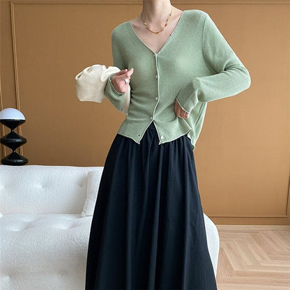 Solid Color V-Neck Ribbed Knit Cardigan