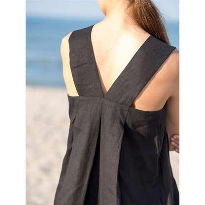 Linen Sleeveless Loose Mandarin-Collar Maxi Dress