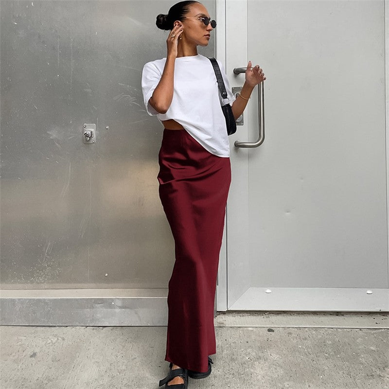Simple Satin Maxi Skirt in Solid Color
