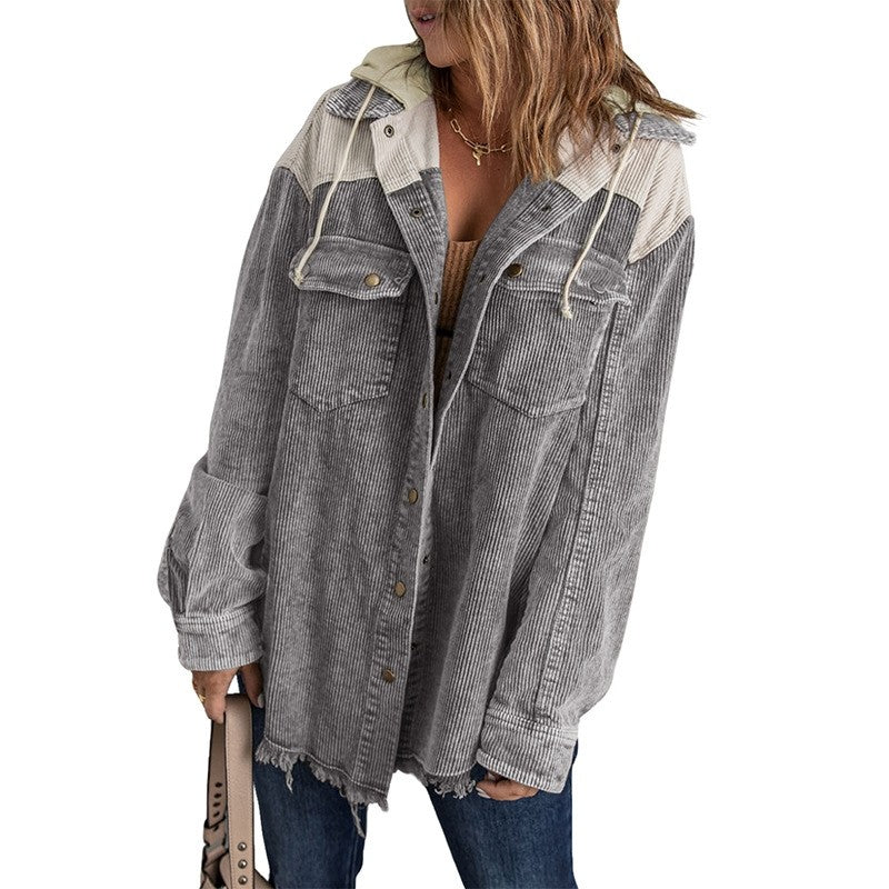 Loose Corduroy Color Block Hooded Jacket