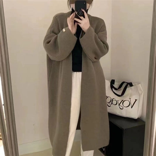 Oversized Solid Color Knee-Length Knit Cardigan Coat