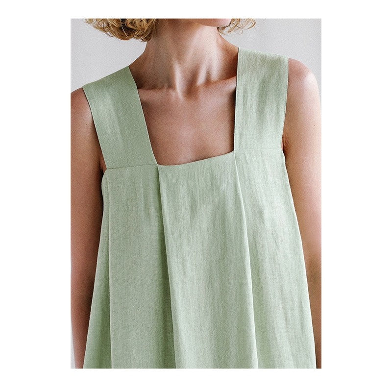 Linen Sleeveless Loose Mandarin-Collar Maxi Dress