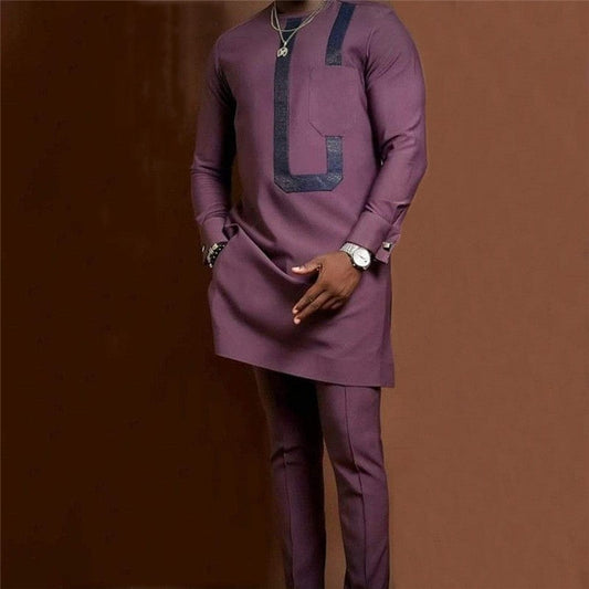 Printed Solid Color Long Sleeved Long Pants Men's Suit